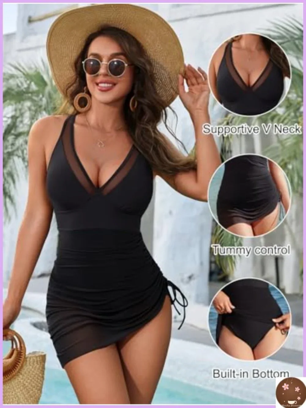 Women One Piece Swim Dress Tummy Control Mesh Sheer Sarong Wrap Bathing Suit